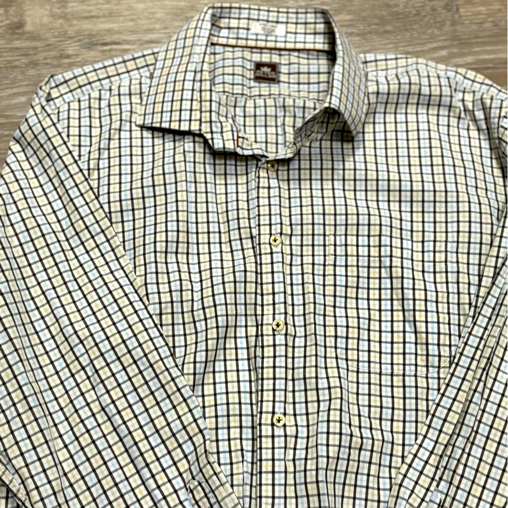 Peter Millar Men’s Size XL Plaid Blue Brown Long Sleeve Button Down Shirt Cotton